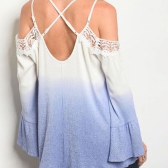COLD SHOULDER 🆕️ Shirt Icy White Blue Bell Sleeve - Picture 5 of 8